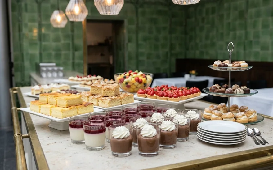 Dessertbuffet mit Gläsern Quarkcreme und Schokocreme, Eierschecke, Erdbeertörtchen, Obstsalat und Windbeuteln auf der Buffettheke