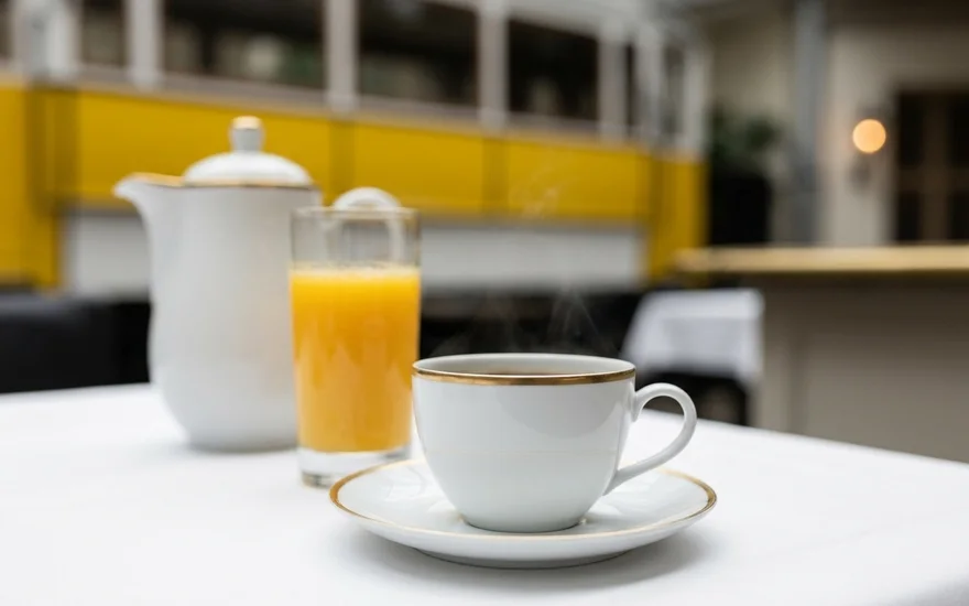 Filterkaffee in der Porzellantasse mit Goldrand, Orangensaft und Kaffeekanne vor der Straßenbahn Helene