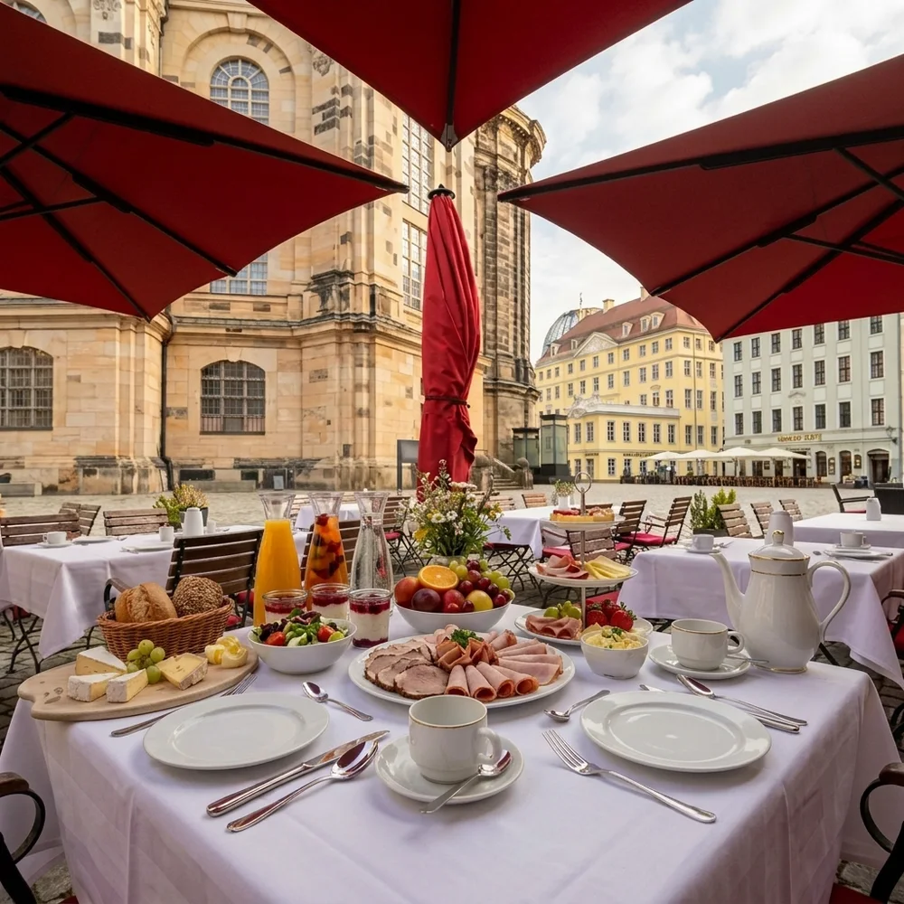 Gedeckter Brunchtisch mit Braten, Etagere, Dessert und Kaffee auf der Terrasse des DRESDEN 1900 unter roten Schirmen vor der Frauenkirche