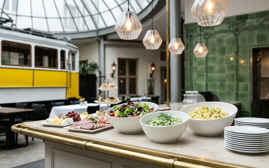 Salatschalen, Braten, Käse und Etagere auf der Buffettheke unter der Glaskuppel, dahinter die Straßenbahn Helene