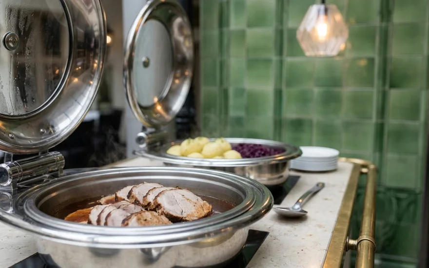 Warmhaltebehälter mit Schweinebraten in Sauce, Klößen und Rotkohl vor grünen Jugendstilkacheln