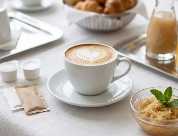 Cappuccino mit Latte-Art-Herz und ein Glas frischer Orangensaft am Frühstückstisch