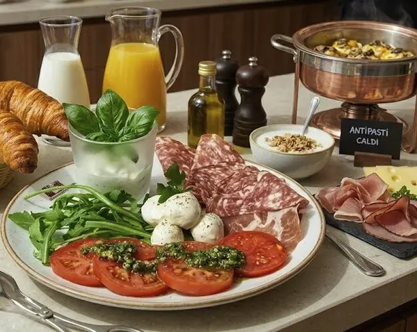 Herzhafte Platte mit Salami, Schinken, Käse, Mozzarella, Rucola und Tomaten mit Pesto