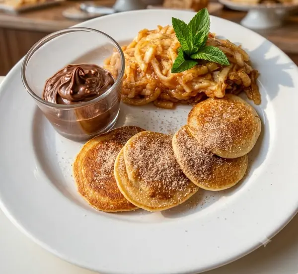 Süße Auswahl mit Mini-Pancakes in Zimtzucker, Schokocreme und Apfelkompott