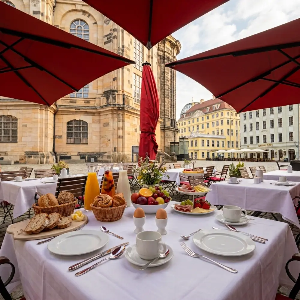 Gedeckter Frühstückstisch unter roten Schirmen auf der Terrasse vor der Dresdner Frauenkirche