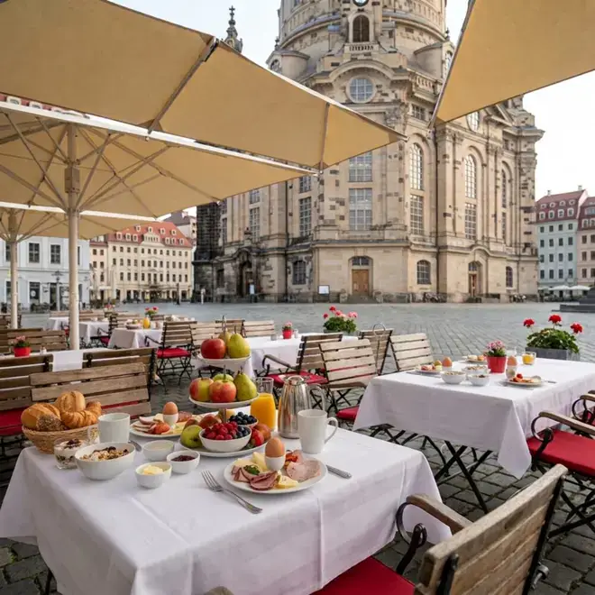 Gedeckter Frühstückstisch auf der Terrasse mit Blick auf die Dresdner Frauenkirche und das DRESDEN-1900-Schild